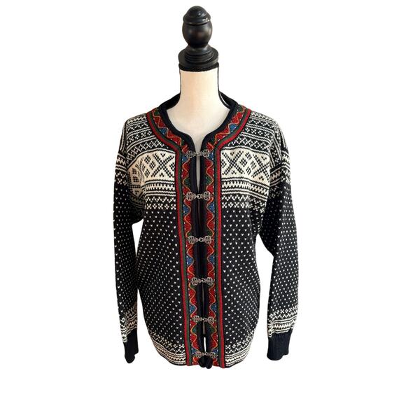 Dale of Norway Men’s Wool Cardigan Sweater Nordic Fair Isle Black White Red M